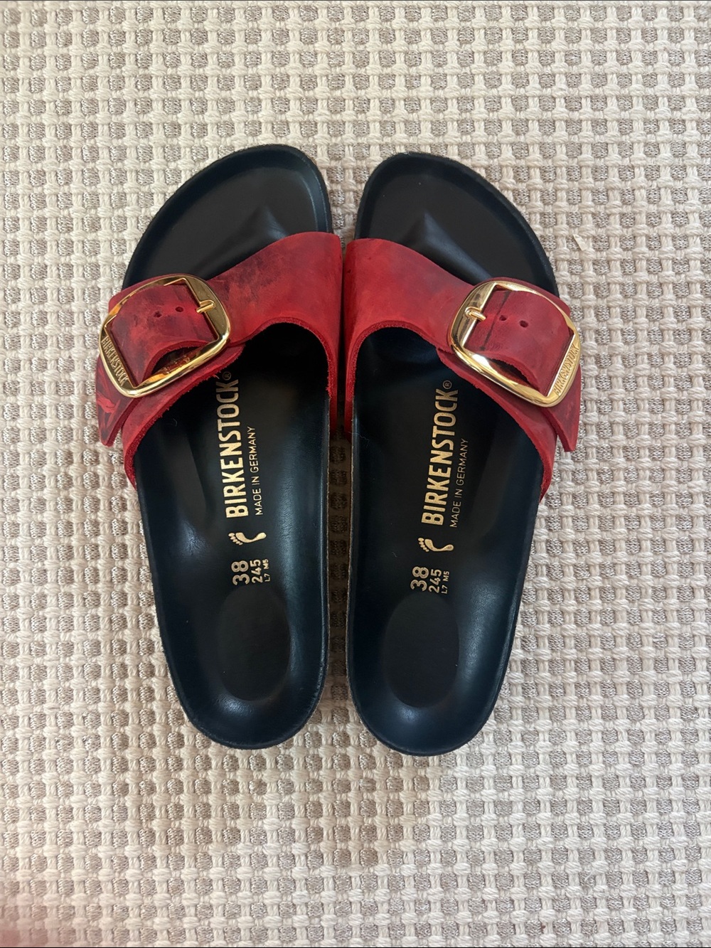 Birkenstock Red Suede Single-Buckle Slide Sandals with Gold Buckle